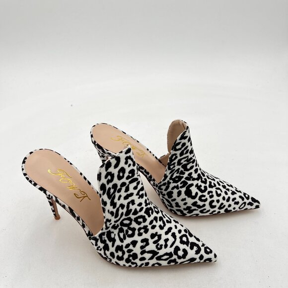 FOWT White Leopard Print Side V Cut Backless Mules Pointed Toe High Heel Shoes - Picture 4 of 8
